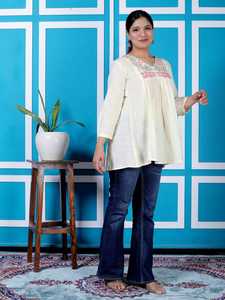 Haut ample en organza brodé floral pour femme, tunique décontractée ethnique à col en V et manches longues pour le quotidien - Product Image 4