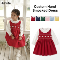 Robe smockée sur mesure Jiefute en gros, broderie cœur rouge et blanc, style vintage espagnol, vêtements smockés pour enfants