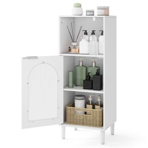 Mobiletto da Bagno in MDF Bianco con Anta Ondulata in Vetro Temperato, Ripiano Regolabile, Organizer Laterale e Dettagli in Metallo e Legno - Product Image 3