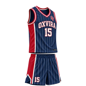 Conjunto de Uniforme de Baloncesto Personalizado para Hombre, Color Azul Marino y Rojo, Jersey sin Mangas con Cuello en V y Pantalones Cortos con Estampado de Rayas, Nombre del Equipo y Número, Ropa Deportiva al Por Mayor - Product Image 1