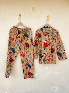 Indian 100% Pure Organic Cotton Unisex Pajama Set Soft Breathable Full Length Trouser Shirt Floral Print - Product Image 3