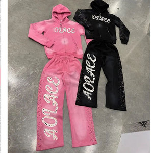 Ensemble de survêtement rose et noir à capuche pour homme, grande taille, 100 % coton, avec lettrage en strass, sweat-shirt à fermeture éclair intégrale et pantalon, style décontracté printemps - Product Image 1