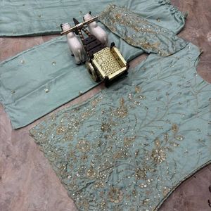 Conjunto de Kurta y Palazzo de Seda Chinon Premium para Mujer con Bordado y Lentejuelas |   Traje festivo completamente cosido - Product Image 3