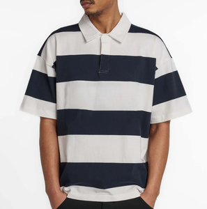 Embroidered Shirt for Polo Yarn Dye White Navy with Pattern Digital Printed Crop Length Patterned Design - Product Image 4