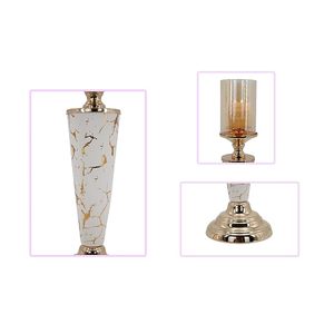 Luxury Marble Effect <b>Candle</b> Holder Set with Gold Metal Base Amber Glass <b>Hurricane</b> Modern Decorative Table Centerpiece - Product Image 3