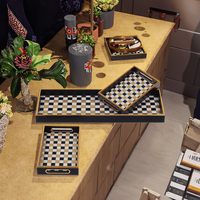 Jeu de 3 plateaux de service longs en verre avec cadre doré PS de luxe moderne avec impression d'échecs et de grilles de cartes
