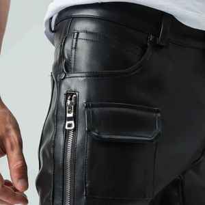 Plus Size Men Skinny Fit PU Coated Cargo <b>Pants</b> With 3D Pockets Hip Hop Style Mid Waist Full Length <b>Black</b> Leather Look - Product Image 4