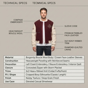 Chaqueta Varsity Retrofuturista de Lana Bouclé de 24oz, Acabado Personalizado, para Hombre, Mangas de Cuero Sintético, Impermeable, Servicio OEM - Product Image 5