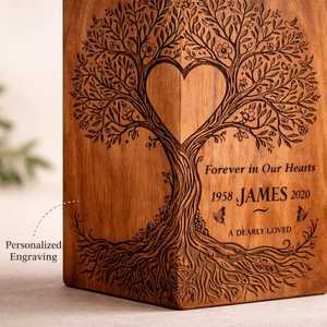 Urne funéraire en bois rectangulaire gravée motif Arbre de Vie et Cœur, boîte commémorative artisanale pour cendres, décoration religieuse pour la maison - Product Image 4