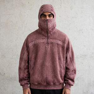 Sweat-shirt à capuche balaclava en molleton délavé Y2K, coupe oversize, style streetwear vintage, demi-zip, pour homme, écologique, hiver, OEM - Product Image 1