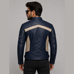 Blouson moto homme en cuir PU bleu, col montant, fermeture éclair, design color block, coupe slim, coupe-vent, style automne - Product Image 2