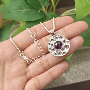 Classic Round Amethyst Quartz Pendant Necklace with Hammered Texture Silver Plated <b>Box</b> Chain Unisex Everyday Jewelry Necklace - Product Image 3