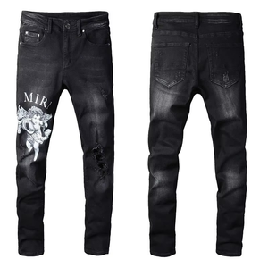 High Street Wind AM Embroidered <b>Jeans</b> Men's Ripped <b>Elastic</b> Slim Legs Men Denim <b>Jeans</b> Casual Distressed Streetwear Washed <b>Jeans</b> - Product Image 4