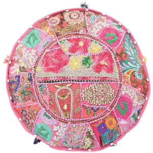 Bohemian Round Fabric <b>Pouf</b> Handcrafted Patchwork Design Multi-Functional Living Room Decor Pink Color - Product Image 2
