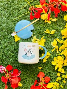 แก้วกาแฟลายเพนกวินน่ารัก ชุดแก้วน้ำชาพร้อมฝาและช้อน แก้วน้ำลายเพนกวินแปลกใหม่ - Product Image 1
