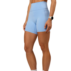 Light Blue High <b>Waist</b> Sport <b>Shorts</b> <b>Women</b> Knitted Spandex Polyester Quick Dry <b>Elastic</b> <b>Waist</b> Regular Fit Solid Color Athletic Wear - Product Image 2