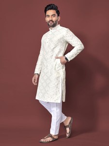 <b>Men's</b> Grey Printed Cotton <b>Kurta</b> Regular Fit Traditional Casual Wear India Pakistan Style All Seasons - Product Image 4