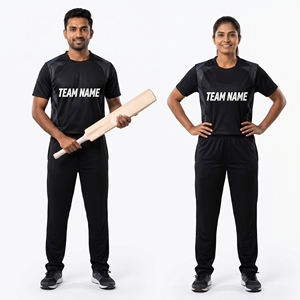 Conjunto de Uniforme de Cricket Unisex Negro, Camiseta de Manga Corta con Cuello Redondo, Pantalones con Cintura Elástica, 100% Poliéster, Nombre del Equipo - Product Image 1