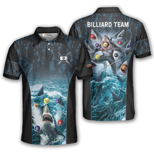 เสื้อโปโลทีมบิลเลียดชาร์ค พิมพ์ลายดิจิทัล แขนสั้น สำหรับผู้ชาย ผ้าทอแห้งเร็ว โพลีเอสเตอร์ 100% - Product Image 1