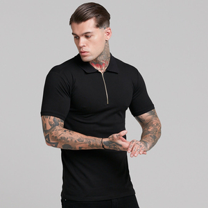 Polo à manches courtes pour homme, coupe ajustée, noir, avec col zippé, design uni en tricot décontracté - Product Image 5