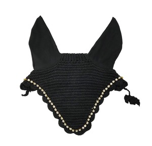 Voile anti-mouches pour cheval en crochet noir de haute qualité, confortable, avec garniture en strass, protège-oreilles doux, bonnet équestre élégant, personnalisable - Product Image 1