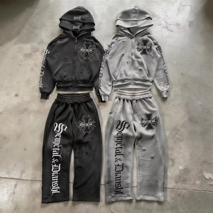 Premium Cotton Fleece Winter <b>Oversized</b> Hoodie Stacked Sweatpants Set Unisex Custom Logo Printed Baggy <b>Jogger</b> Tracksuit Men - Product Image 1