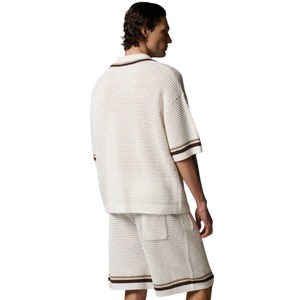 <b>Men</b> Crochet Knitted <b>Stripe</b> <b>Shirt</b> Short <b>Sleeve</b> Button Down Summer Casual Knitwear Top OEM Wholesale Custom Supply - Product Image 5