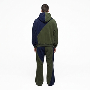 Mens Olive Green Navy Color Block Fleece Tracksuit Set <b>Zip</b> <b>Up</b> <b>Jacket</b> Wide Leg Pants Streetwear Sportswear - Product Image 4