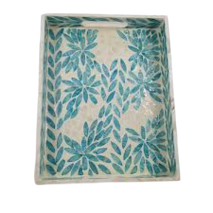 Handmade Mother Of Pearl Inlay Rectangular Serving Tray Decorative Coffee Table Tray With <b>Handles</b> Blue Floral Pattern Home Decor - Product Image 1