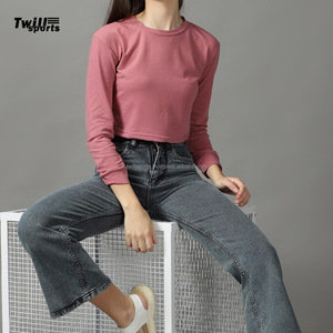Top Corto de Moda para Mujer, 100% Algodón, Tejido de Punto Liso, Mangas Largas, Corte Ajustado, Cuello Redondo, con Logotipo Personalizado, Ecológico - Product Image 1