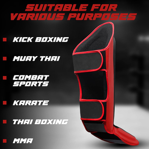 Red And Black Kick Boxing Shin Guards Faux Leather Hook Loop Closure <b>Adjustable</b> For Adults Martial Arts Training Sparring - Product Image 5