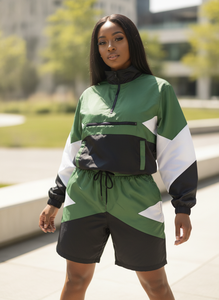 Ensemble de survêtement sportif unisexe ADH, vert, noir, blanc, couleur contrastée, veste à fermeture éclair courte, short, séchage rapide, coupe classique, adulte, printemps - Product Image 5