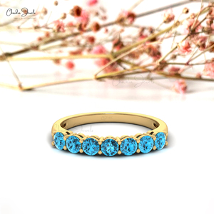 Wholesale Supplier Solid 14k Fine Yellow Gold Half Eternity Band 3mm Round Cut Swiss Blue Topaz Gemstone <b>Infinity</b> Wedding Ring - Product Image 3
