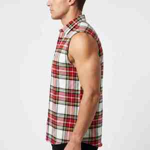 Camisa de Franela a Cuadros sin Mangas para Hombre, Estilo Casual, con Botones, Cuello Clásico, Transpirable, de Algodón, en Rojo, Blanco y Negro, para Otoño - Product Image 3