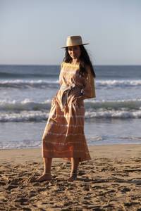 Robe midi tie-dye bohème pour femme, manches courtes, col rond, ample, ceinture, coton, fibre de bambou, respirante, robe décontractée d'été pour la plage - Product Image 5