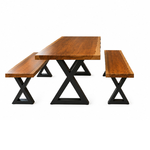 Juego de Comedor Rectangular Moderno de Madera Maciza de Suar para Restaurante, Patas en X de Hierro, 9 Piezas, Dos Bancos, Uso Doméstico - Product Image 2
