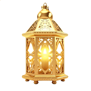 Radiant golden Moroccan style metal <b>lantern</b> with glowing geometric cutout panels., available at wholesale prices. - Product Image 1