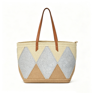 Customized Diamond patchwork woven tote <b>bag</b>,geometric straw shoulder shopper,multi‑tone woven <b>basket</b> tote with faux‑leather - Product Image 1