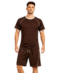Mens Dark Brown Beige Sports TShirt And Shorts <b>Set</b> Breathable Quick Dry Gym Wear Athletic Running Training Activewear Outfit <b>Set</b> - Product Image 1