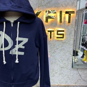 เสื้อฮู้ดซิปเต็มตัวสีน้ำเงินกรมท่าแบบสั่งทำพิเศษสำหรับผู้ชายและผู้หญิง ทรงโอเวอร์ไซส์ ผ้าฝ้ายฟลีซ พิมพ์ลายโลโก้ รับผลิตแบบ OEM ODM - Product Image 4