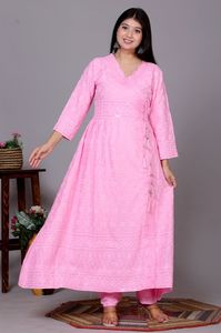 NIYANI Ensemble 3 pièces Salwar Kameez Anarkali Chikankari rose à manches longues, style décontracté indien/pakistanais, en rayonne d'été avec dupatta en dentelle, effet froissé - Product Image 5