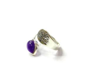 Bague ajustable en argent sterling 925 avec cabochon améthyste en forme de poire et bande texturée Arbre de Vie - Product Image 4