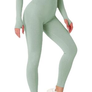 Ropa de Yoga Ligera para Verano, Top de Manga Larga sin Costuras, Leggings de Cintura Alta, Verde Salvia, Ropa Deportiva Transpirable - Product Image 4