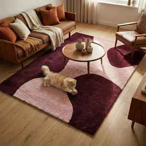 Tapis de luxe texturé en laine/soie tufté à la main |   Tapis d'appoint floral rouge beige de designer |   Tapis fin fait main antidérapant et adapté aux animaux domestiques - Product Image 2