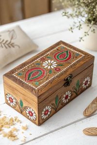Eco-Friendly Handcrafted Wooden Hand Painted <b>Box</b> with Artistic <b>Floral</b> Design, Multipurpose Storage <b>Box</b> for Jewelry, Gifts & Home - Product Image 1