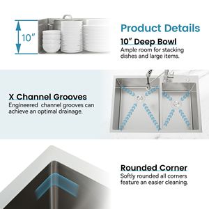 Lavello da cucina da incasso fatto a mano 84x48 cm a doppia vasca con finitura spazzolata - Solo lavello (non include il mobile) - Non spedibile nei fine settimana - Product Image 3