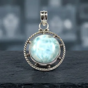 Pendentif en argent sterling 925 avec larimar, serti clos, pierre précieuse bleue naturelle, style vintage, pour femme, à porter au quotidien - Product Image 3