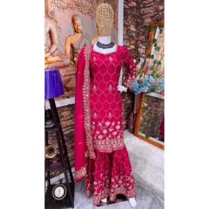 Top de satén de diseñador para fiesta con trabajo de espejos reales, pantalón palazzo y dupatta - Product Image 4