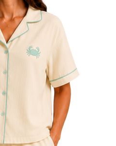 Customized Beige Women Pajama Set Short Sleeve Button Down Nightwear Soft Breathable Summer Sleepwear Casual Lounge Set - Product Image 5