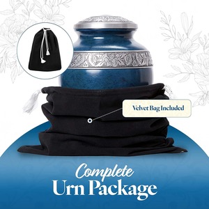 Elegant Blue <b>Memorial</b> Cremation Urn with Decorative Engraved Bands and Velvet Storage Bag - Product Image 5